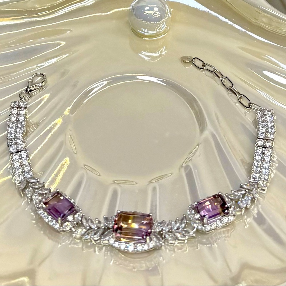 BAM5 11.8CT Genuine Bolivian OMBRÉ AMETRINE LEAF Bracelet Rhodium Silver S925